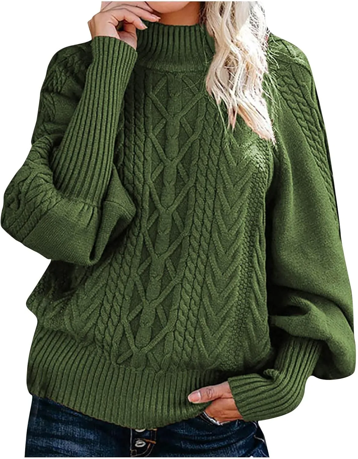 Women's Long Lantern Sleeve Turtleneck Sweater Cable Knit Pullover Casual Chunky Sweaters Fall Loose Jumper Tops