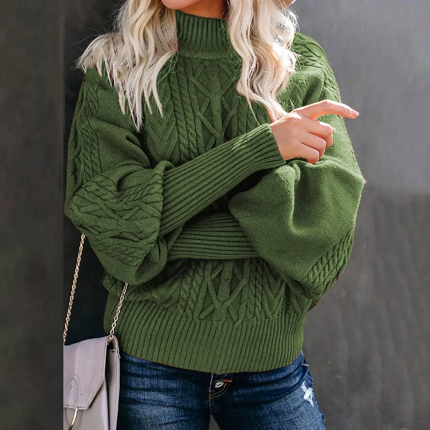 Women's Long Lantern Sleeve Turtleneck Sweater Cable Knit Pullover Casual Chunky Sweaters Fall Loose Jumper Tops