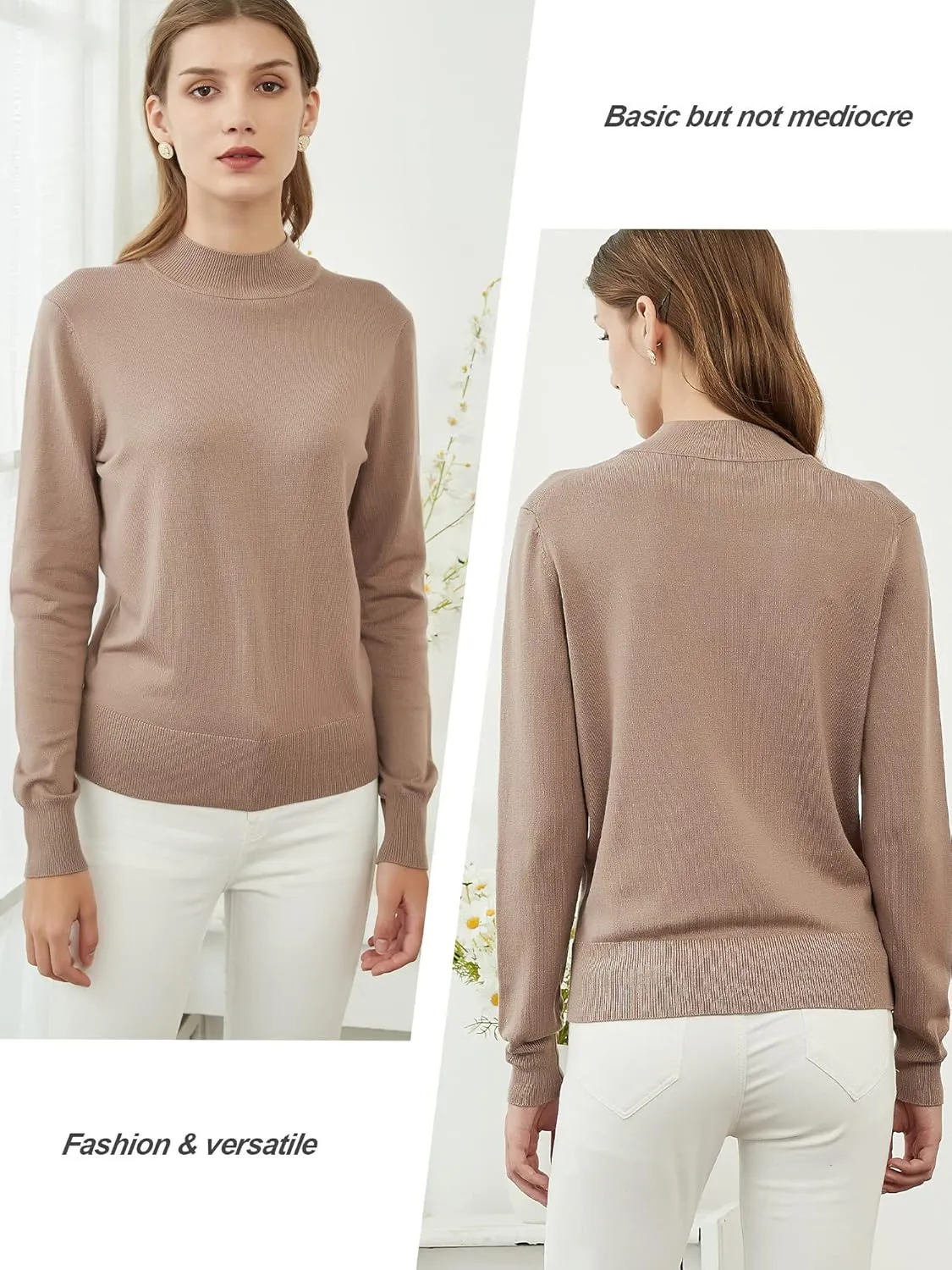 Womens Mockneck Sweater Lightweight Long Sleeve Sweater for Fall Winter Casual Pullover Knit Jumper Tops