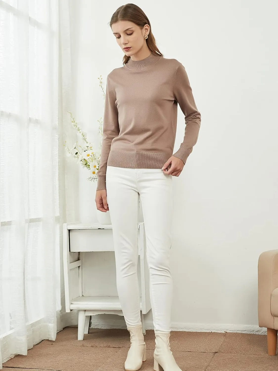 Womens Mockneck Sweater Lightweight Long Sleeve Sweater for Fall Winter Casual Pullover Knit Jumper Tops