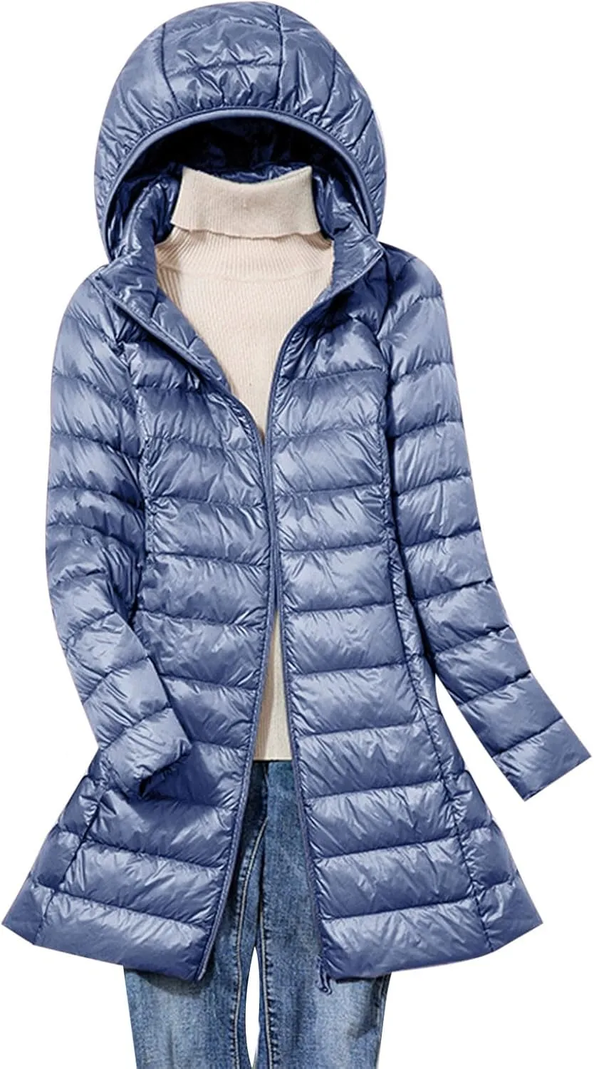 Womens Ski Jacket Women's Warm Winter Coats Packable Solid Hooded Zipper Down Jacket Insulated Lightweight Mid Length Puffer Coat Winter Jacket for Women Blue