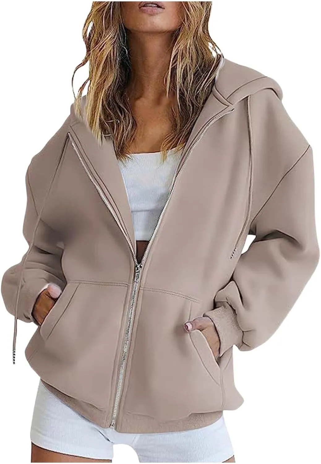 Zip Up Hoodies Womens Long Sleeve Oversized Sweatshirts Solid Color Casual Sweater Fleece Jackets with Pockets