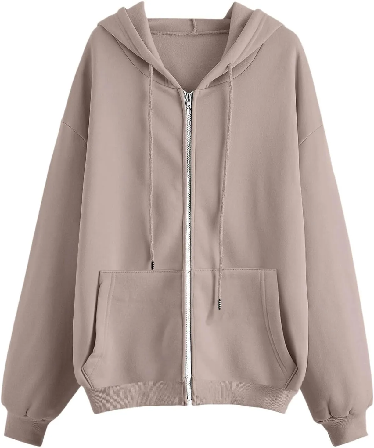 Zip Up Hoodies Womens Long Sleeve Oversized Sweatshirts Solid Color Casual Sweater Fleece Jackets with Pockets